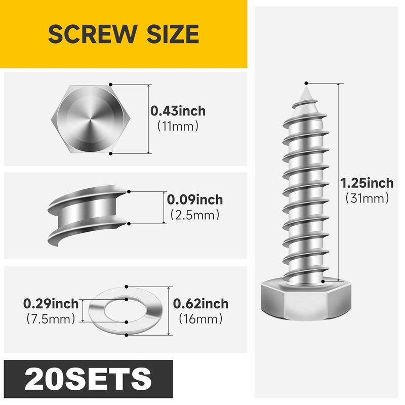 MYWISH (20Sets) 1/4" x 1-1/4" Hex Head Lag Bolts, Heavy Duty Lag Screws with Washers, 304 Stainless Steel Bolts 18-8, Lag Screws Wood Screws, Partial Thread Bright Finish, 1/4 Bolt by - Image 2